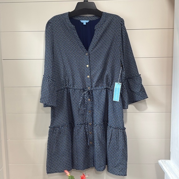 NWT Draper James Blue White Tiered Midi Dress Button Tie Waist Front Size Large - Picture 4 of 11